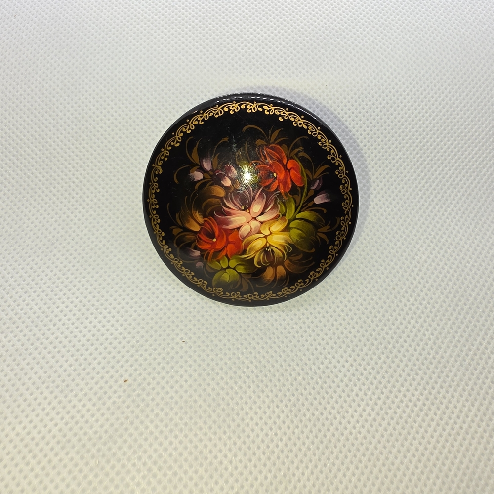 Russian Handpainted Floral Black and Gold Brooch